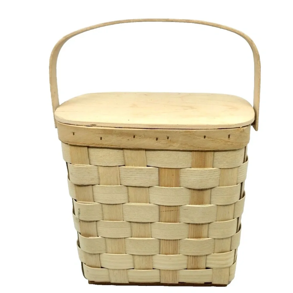 Vintage BASKETVILLE Putney, Vermont - Woven Swing Handle Basket w Lid